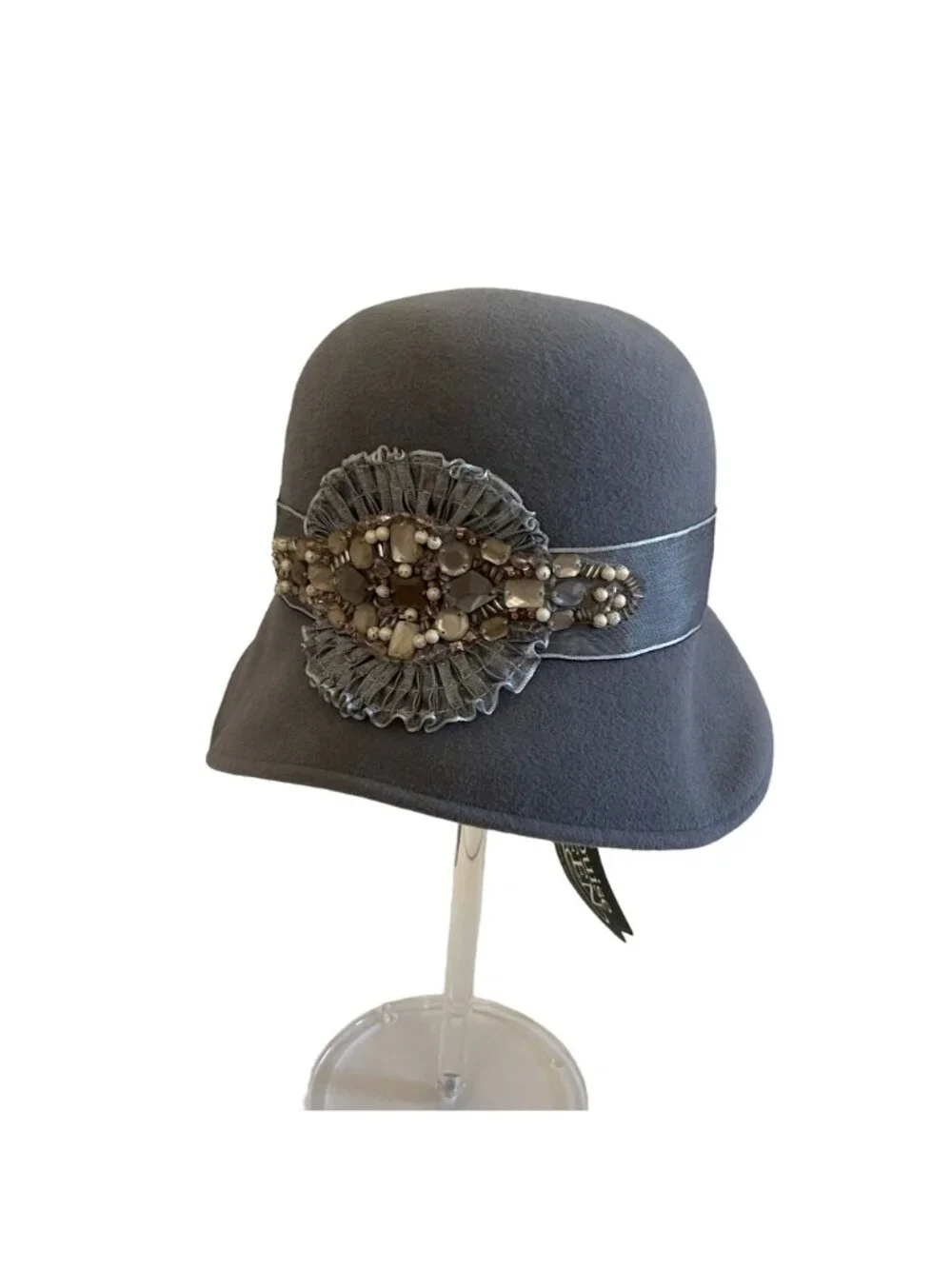 Louise Green Beaded Gray Felt Cloche Hat With Satin Band & Embellished Detailing